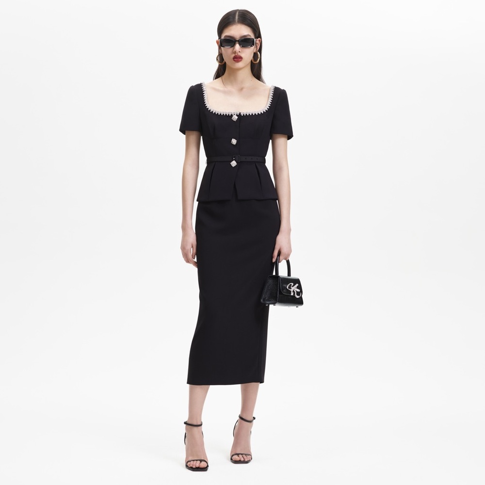 Self-portrait BLACK BONDED CREPE MIDI DRESS with rhinestones, size 6 US, euc.